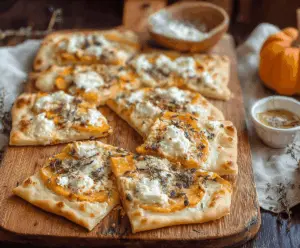 Delicious pumpkin ricotta flatbread with rustic autumn appearance, featuring golden crust, creamy pumpkin ricotta topping, and seasonal garnishes on a wooden table.