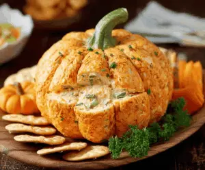 Creamy pumpkin-shaped cheese ball garnished with herbs and crackers, perfect for fall appetizers and holiday parties.