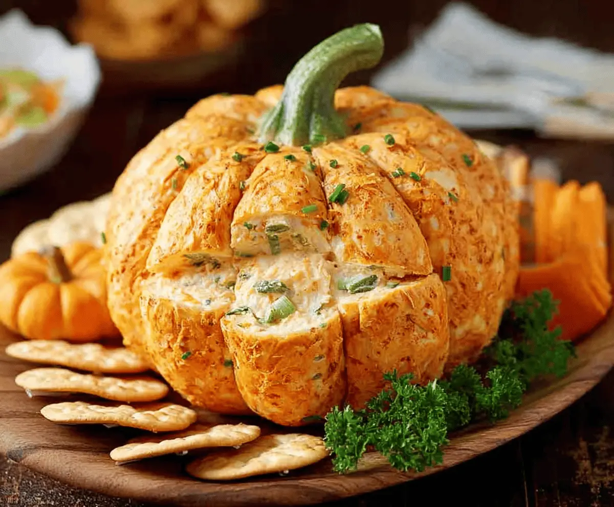 Creamy pumpkin-shaped cheese ball garnished with herbs and crackers, perfect for fall appetizers and holiday parties.