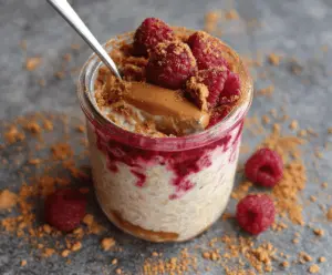 Creamy Raspberry and Biscoff Overnight Oats topped with fresh raspberries and a drizzle of Biscoff spread, served in a glass jar for a delicious breakfast.