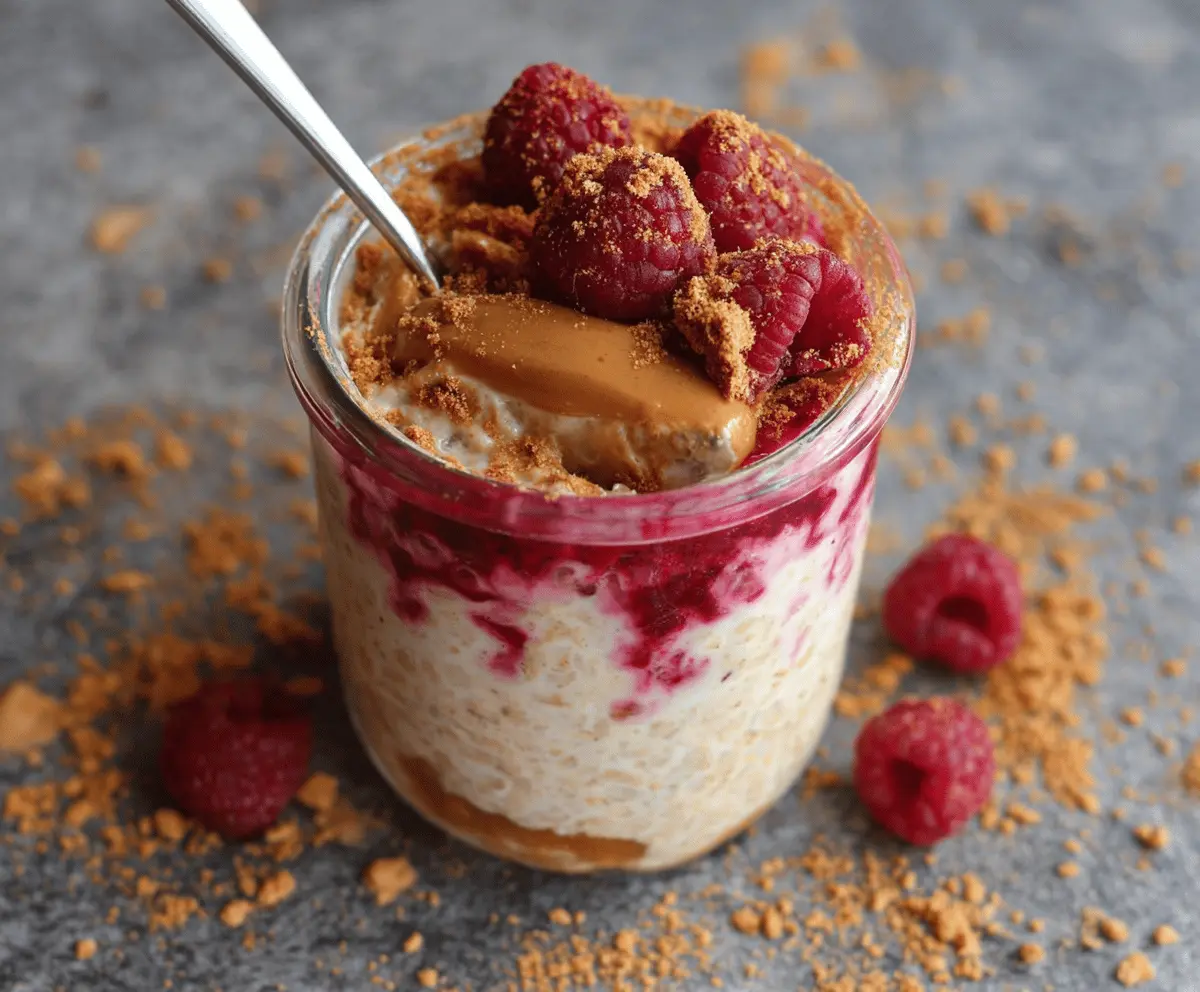 Creamy Raspberry and Biscoff Overnight Oats topped with fresh raspberries and a drizzle of Biscoff spread, served in a glass jar for a delicious breakfast.
