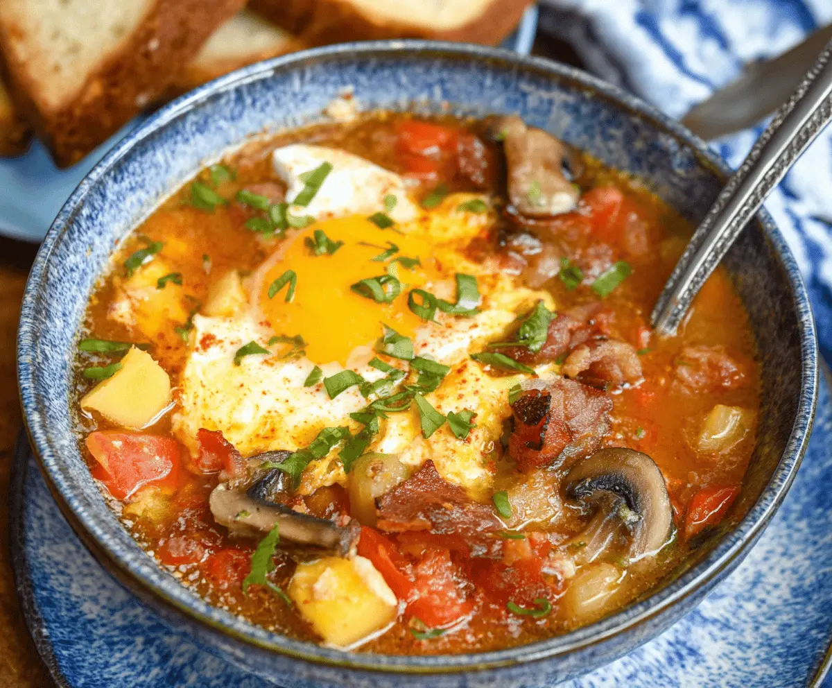 Hearty Slow Cooker Breakfast Soup with eggs, vegetables, and herbs in a bowl, perfect for a warm morning meal.