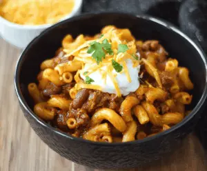 Delicious slow cooker hidden liver chili mac served in a bowl, featuring tender pasta, savory chili, and hidden liver for added nutrition
