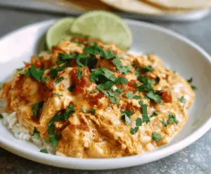 Creamy Slow Cooker Queso Chicken served with melted cheese, tender shredded chicken, and fresh cilantro on a plate