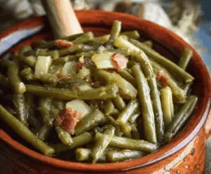 Creamy and tender slow cooker southern green beans in a rustic bowl, perfect for a hearty, flavorful side dish