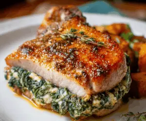 Juicy pork chops stuffed with fresh spinach and melted cheese, served on a plate with herbs and vegetables