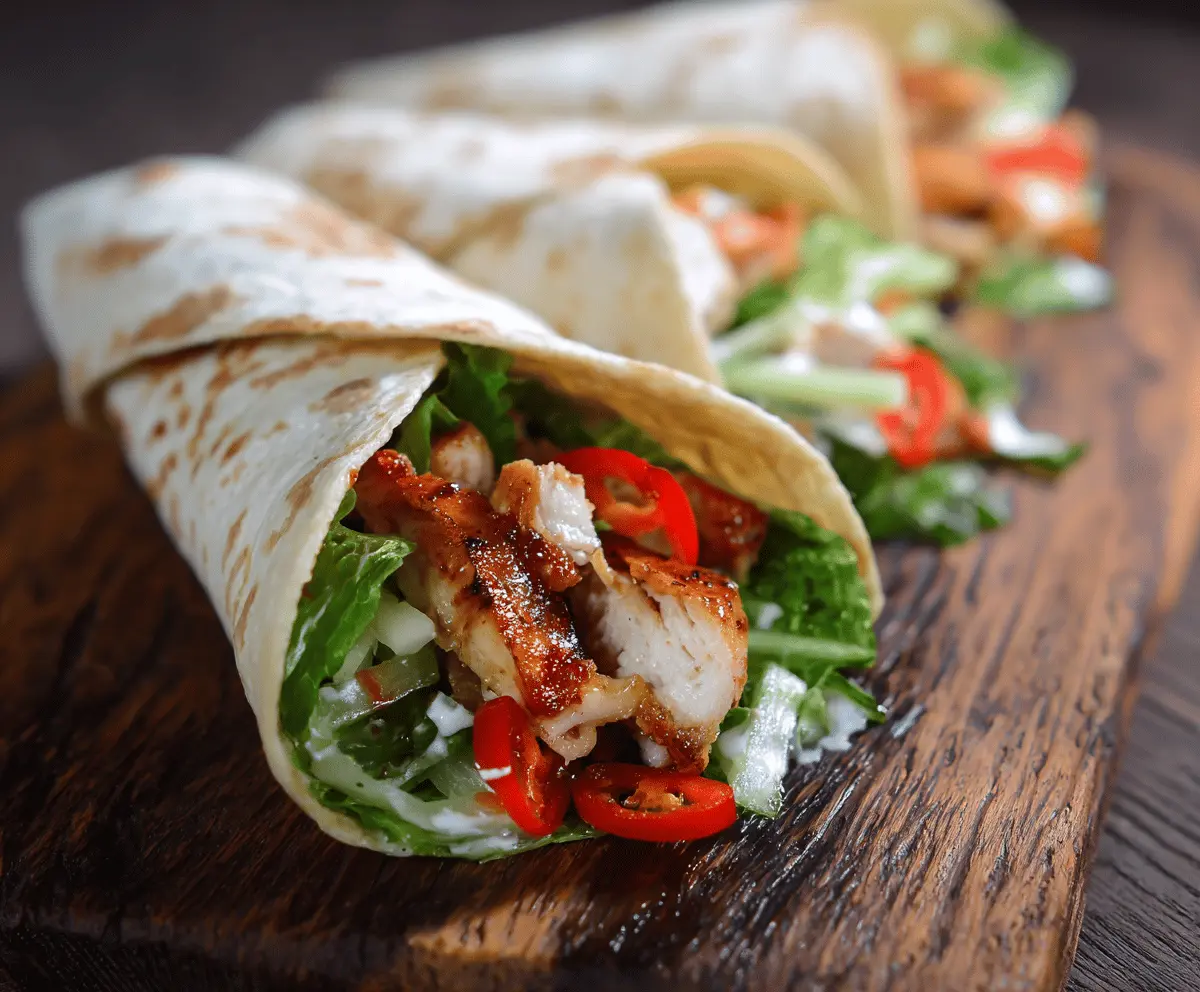 Delicious sweet chili chicken wraps with fresh vegetables and crispy tortilla, served on a white plate