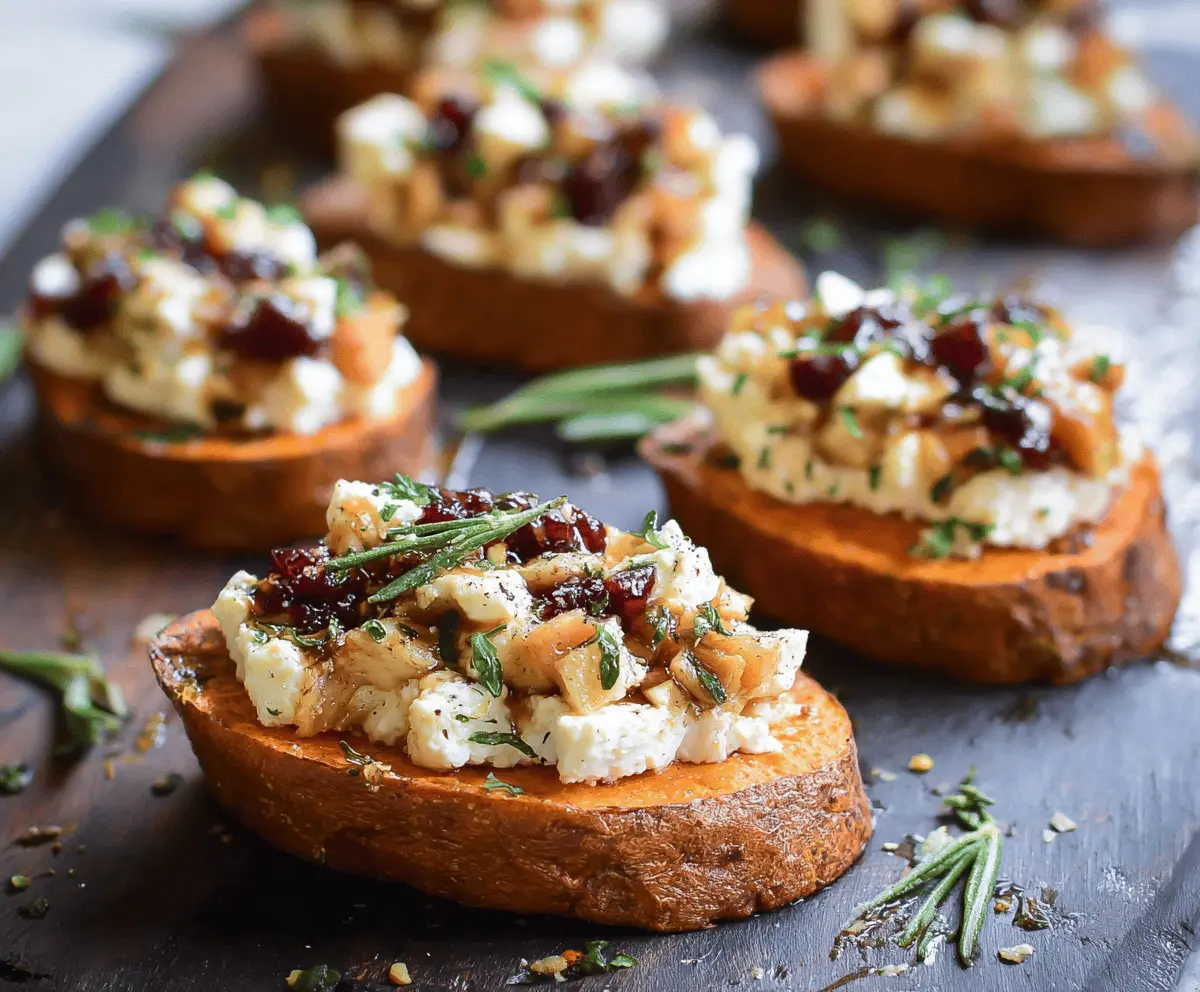 Creamy roasted sweet potato topped with crumbled goat cheese and fresh herbs, ready to serve as a delicious and nutritious side dish.