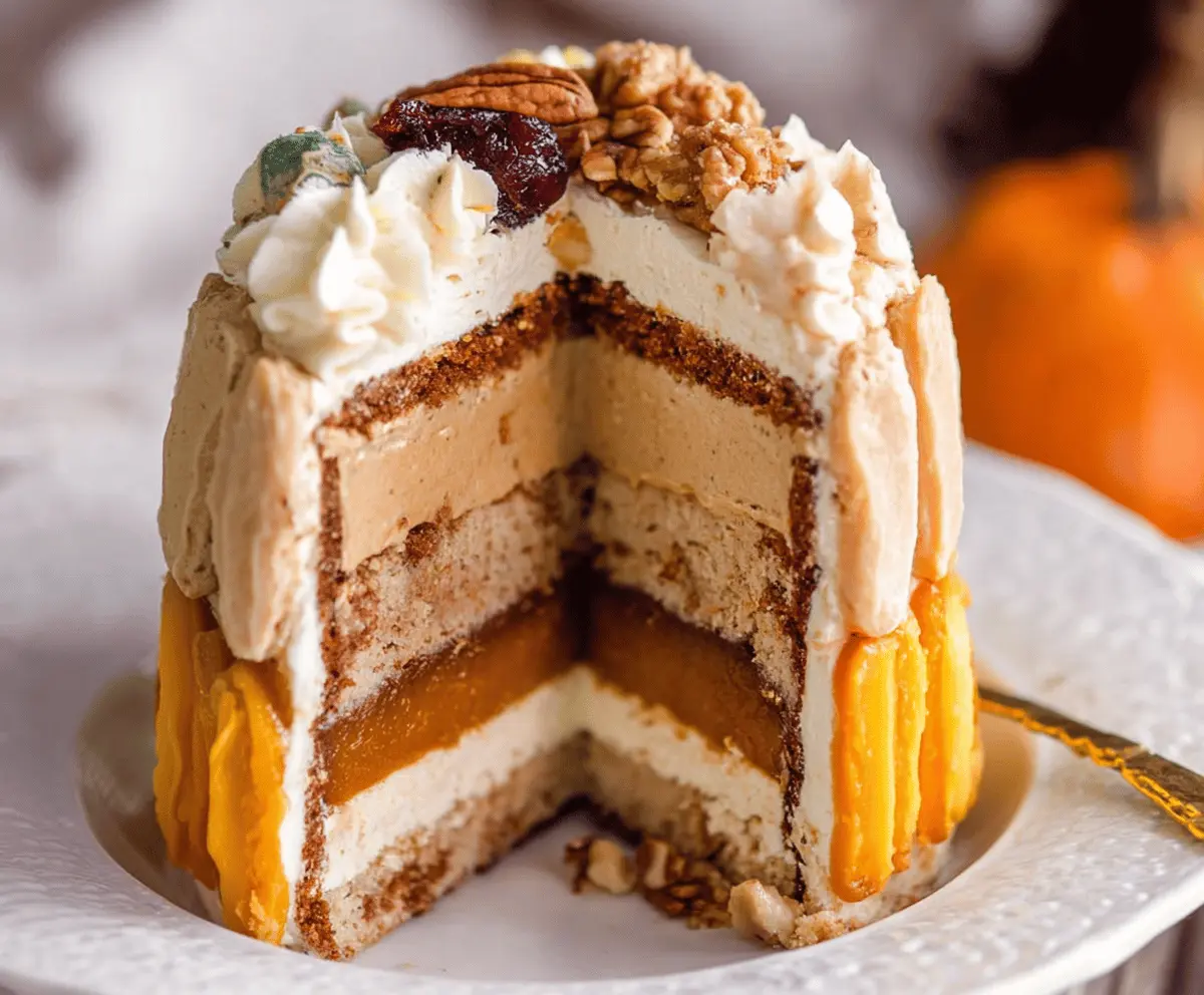 Delicious Thanksgiving Piecaken featuring layered pumpkin pie and traditional cake topped with whipped cream and festive decorations