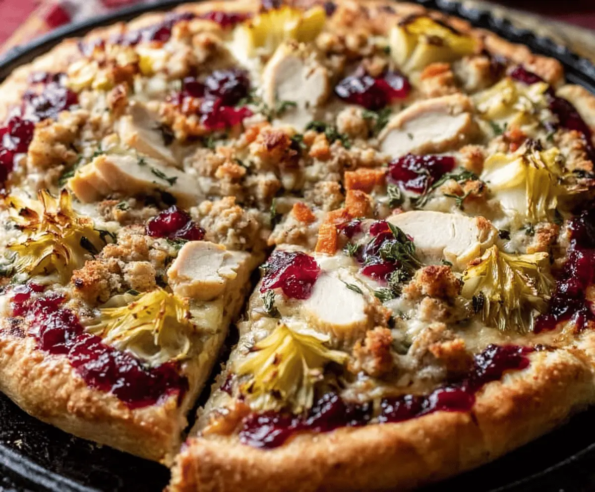 Delicious Thanksgiving-themed pizza topped with turkey, cranberry sauce, stuffing, and fresh herbs on a golden crust