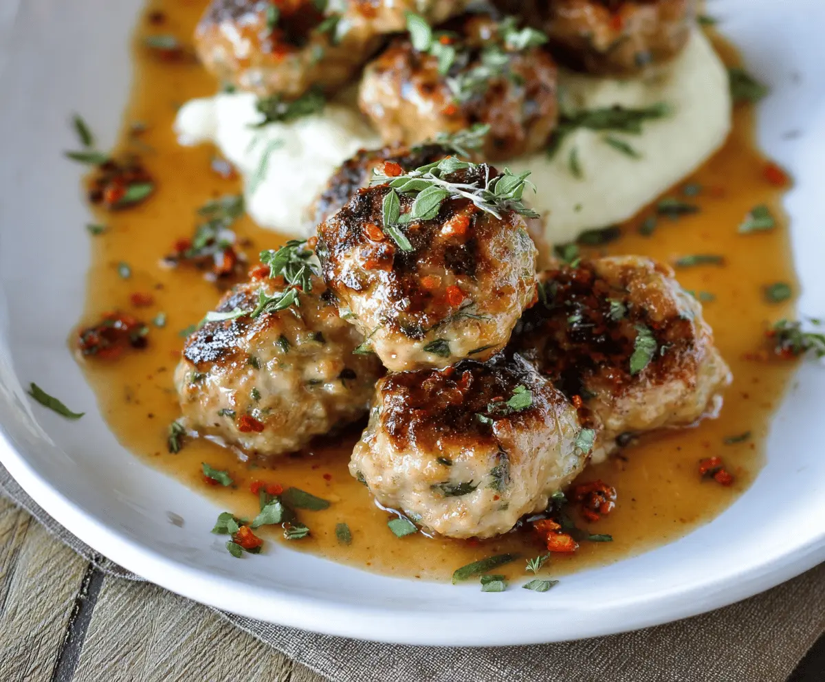 Juicy Thanksgiving turkey meatballs garnished with fresh herbs on a festive plate, perfect for holiday dinner