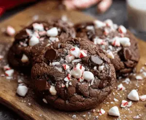 Delicious triple chocolate peppermint cookies topped with festive peppermint candies on a holiday platter