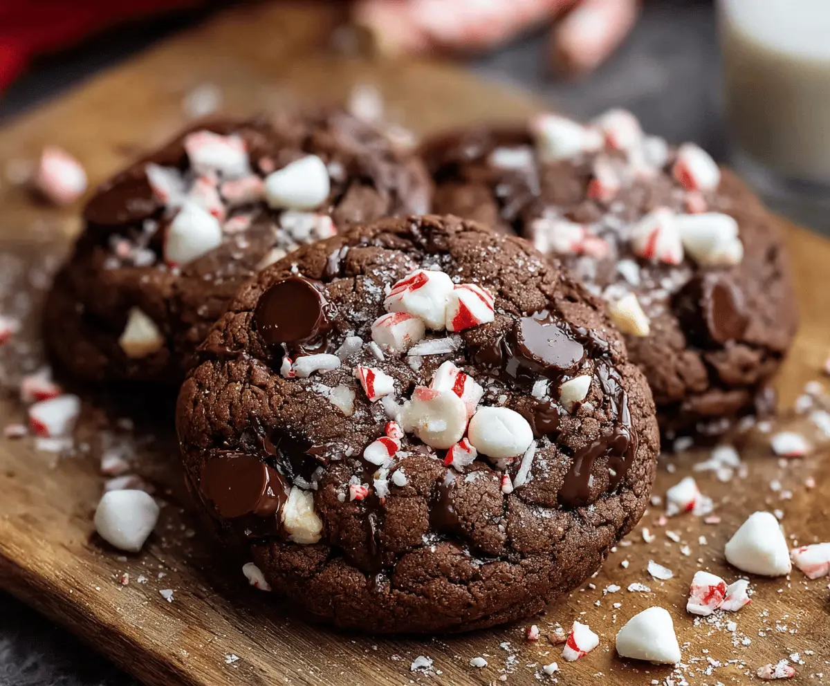 Delicious triple chocolate peppermint cookies topped with festive peppermint candies on a holiday platter