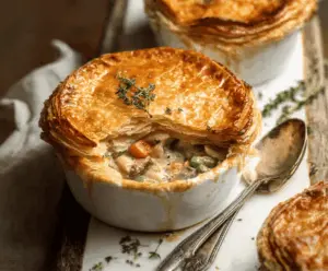 Delicious homemade turkey pot pies topped with flaky puff pastry, featuring savory turkey and vegetable filling in a golden crust.