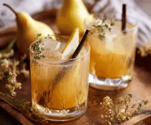 Refreshing Vanilla Pear Mocktail in a glass garnished with pear slices and a cinnamon stick, perfect for cozy autumn sipping
