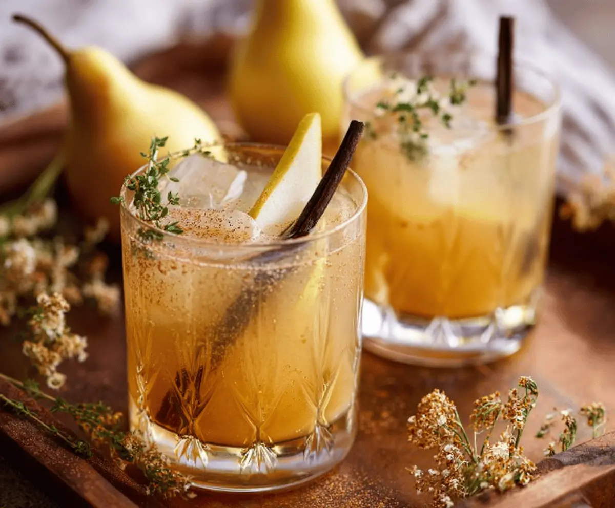 Refreshing Vanilla Pear Mocktail in a glass garnished with pear slices and a cinnamon stick, perfect for cozy autumn sipping