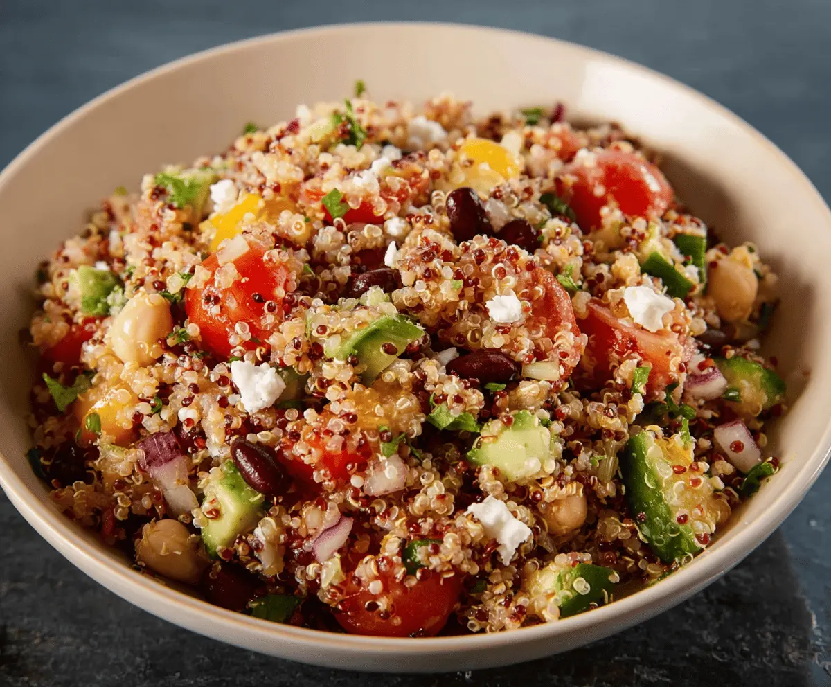 Colorful vegan quinoa salad with fresh vegetables and herbs in a bowl, perfect for a healthy, plant-based meal.