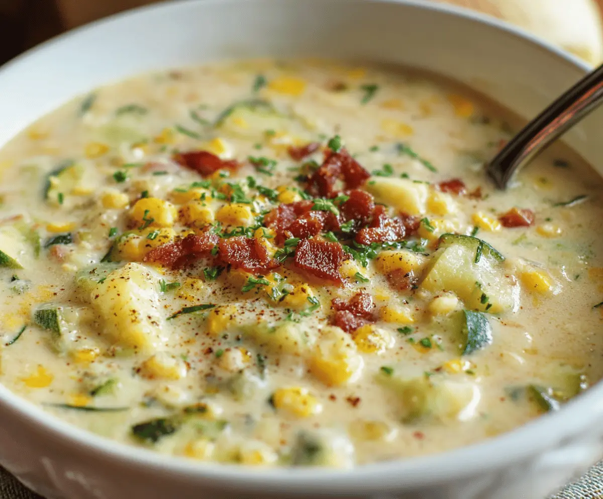 Creamy zucchini corn chowder in a bowl garnished with fresh herbs, served with a slice of crusty bread.