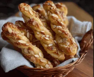 Delicious Almond-Orange Ricotta Biscuit Twists on a rustic serving plate, showcasing their golden-brown, twisted shape and textured surface.