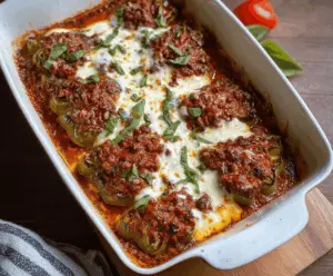 Delicious Arrabbiata Stuffed Pepper Casserole topped with fresh herbs, showcasing a hearty Italian-inspired meal.