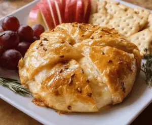 Golden baked Brie cheese wrapped in flaky puff pastry, served as an irresistible appetizer.