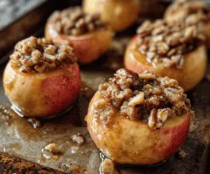 Delicious Baked Honeycrisp Apples topped with buttery pecan and brown sugar crumble, perfect for dessert.
