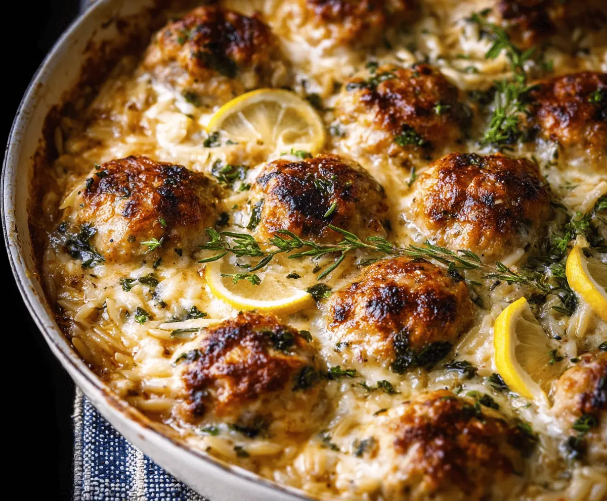Baked Lemon Rosemary Chicken Meatballs and Creamy Orzo