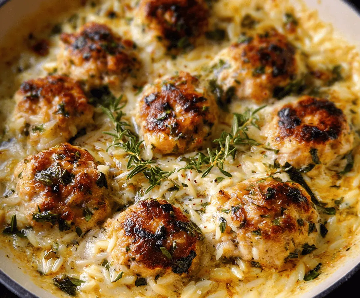 Delicious baked lemon rosemary chicken meatballs served with creamy orzo pasta on a white plate.