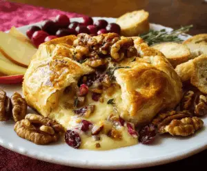 Delicious baked stuffed brie cheese topped with fresh cranberries and crunchy walnuts, perfect appetizer for parties.