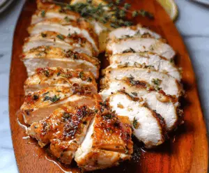 Juicy and flavorful turkey breast roast served with herbs and vegetables, perfect for a delicious holiday dinner.