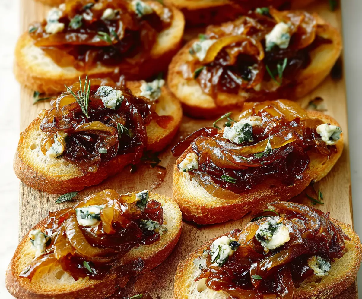 Golden caramelized onion crostini served on toasted baguette slices, perfect for appetizers.