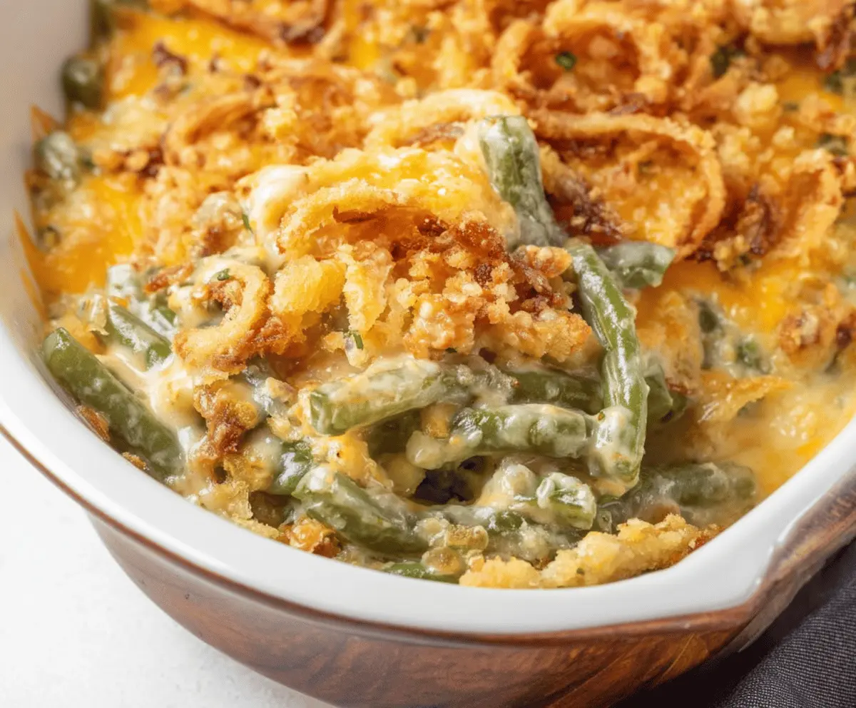 Delicious Cheddar Bay Green Bean Casserole topped with melted cheese and crispy green beans, perfect for a holiday meal.