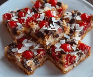 Delicious Cherry Magic Cookie Bars with layers of cherries, cookie crust, and creamy topping, perfect for dessert lovers.