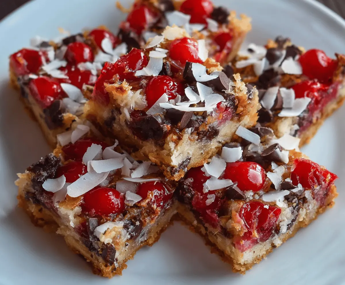 Delicious Cherry Magic Cookie Bars with layers of cherries, cookie crust, and creamy topping, perfect for dessert lovers.