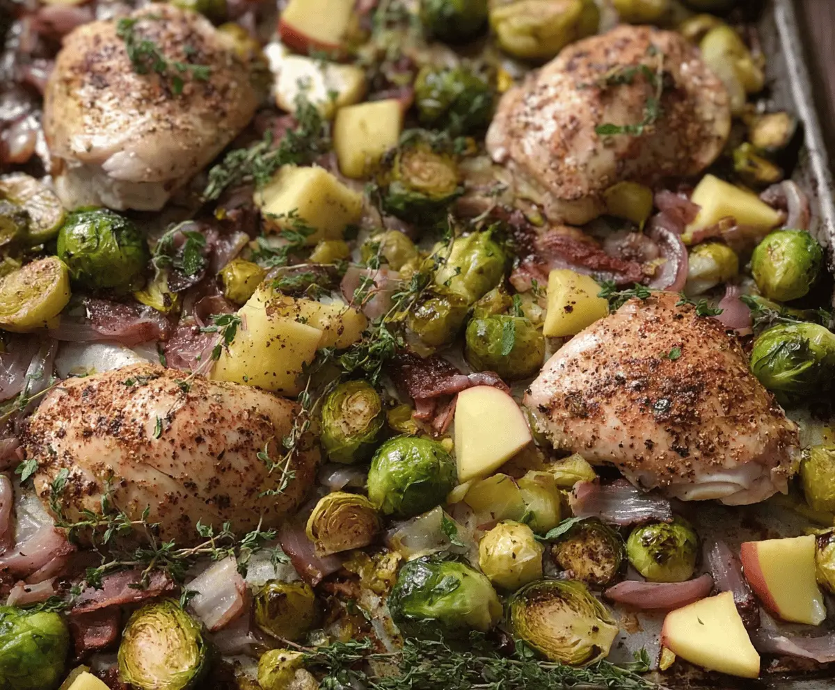Delicious chicken, apple, and Brussels sprouts sheet pan dinner ready to serve.