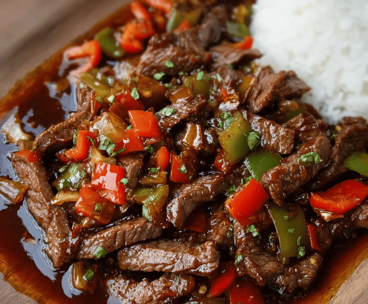 Delicious Chinese Pepper Steak served with vibrant vegetables and steaming rice.