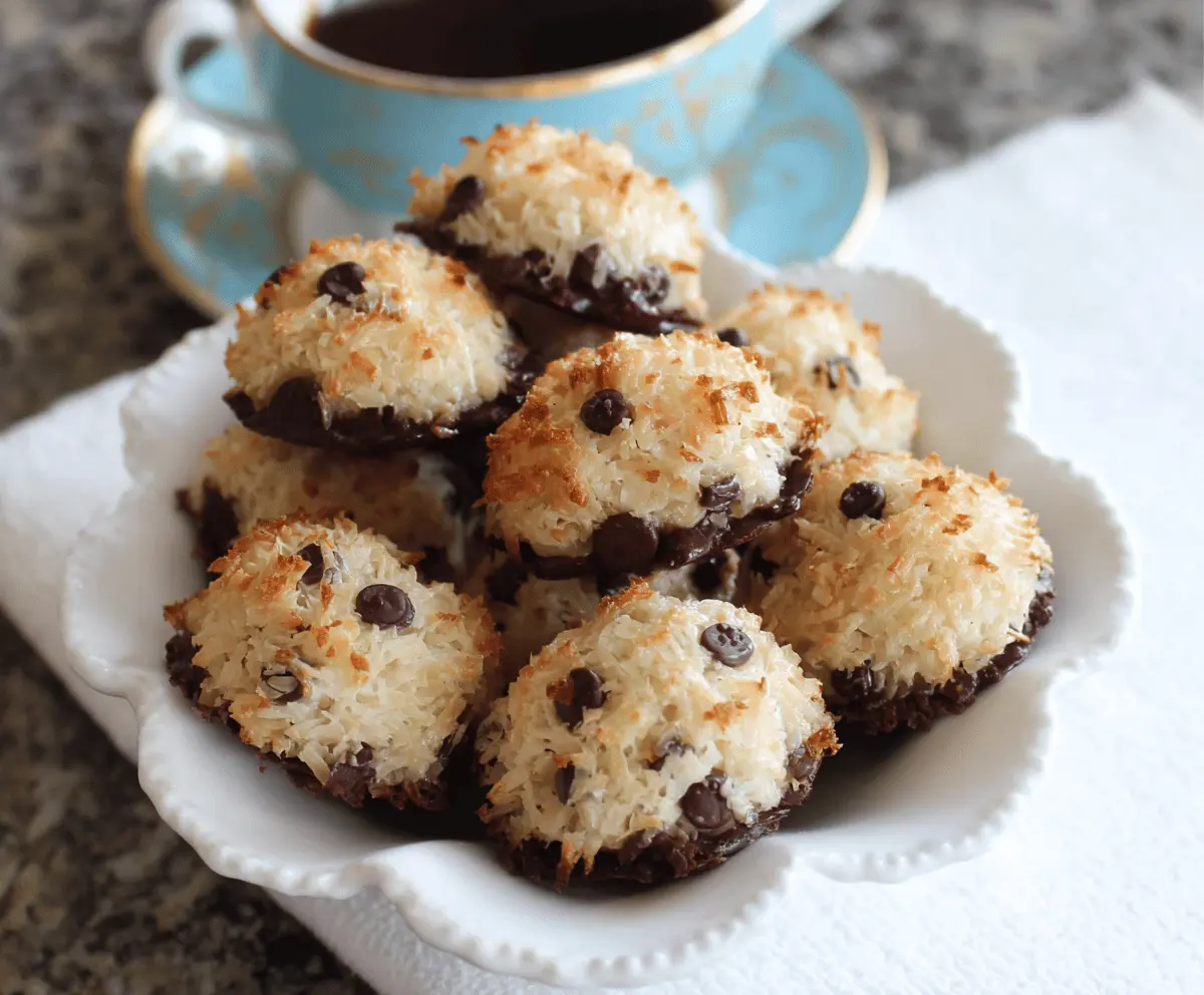 Delicious chocolate chip coconut macaroons on a white plate, showcasing their golden-brown exterior and chewy texture.