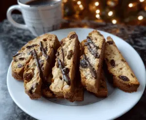 Delicious homemade Christmas biscotti with festive decorations and holiday colors.