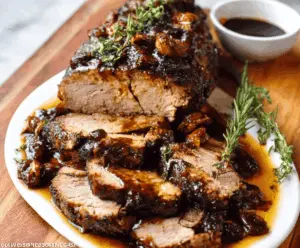 Juicy garlic balsamic pork loin cooking in a slow cooker for a flavorful meal.