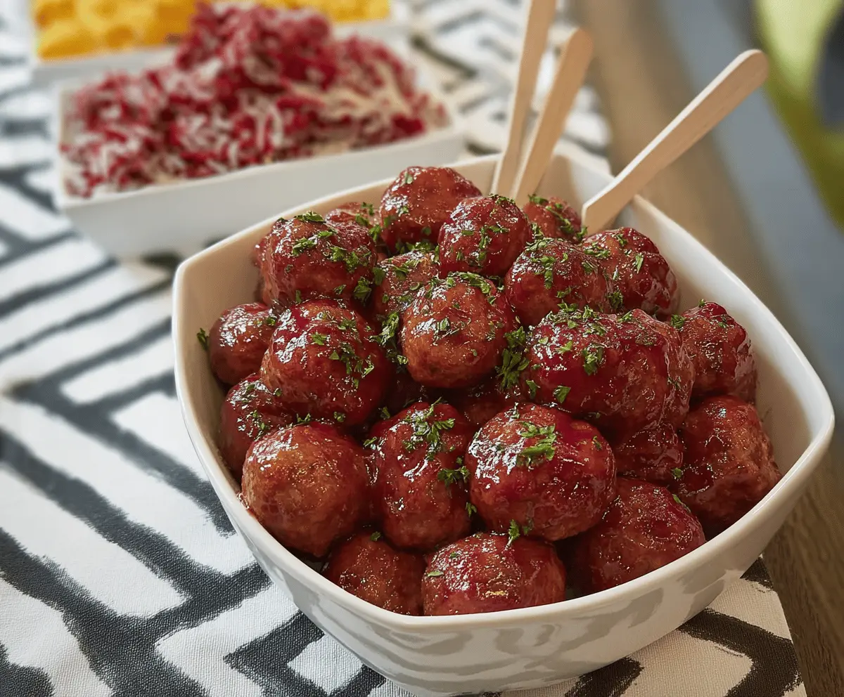Delicious homemade Crock Pot party meatballs served in a festive setting with toothpicks.
