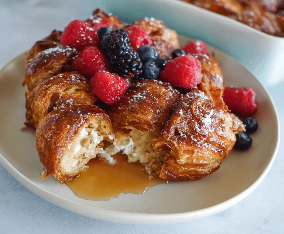 Delicious Croissant French Toast Bake topped with fresh berries and powdered sugar.