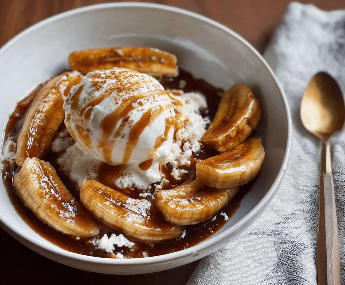Delicious dairy-free Bananas Foster with caramelized bananas and vegan ice cream.