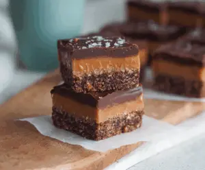 Delicious double chocolate caramel slice with rich chocolate layers and glossy caramel topping.