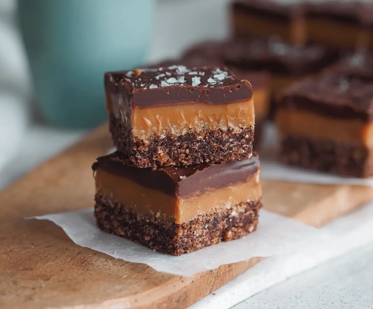Delicious double chocolate caramel slice with rich chocolate layers and glossy caramel topping.