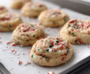 Delicious Easy Candy Cane Whipped Shortbread Cookies on a festive plate for holiday celebrations.
