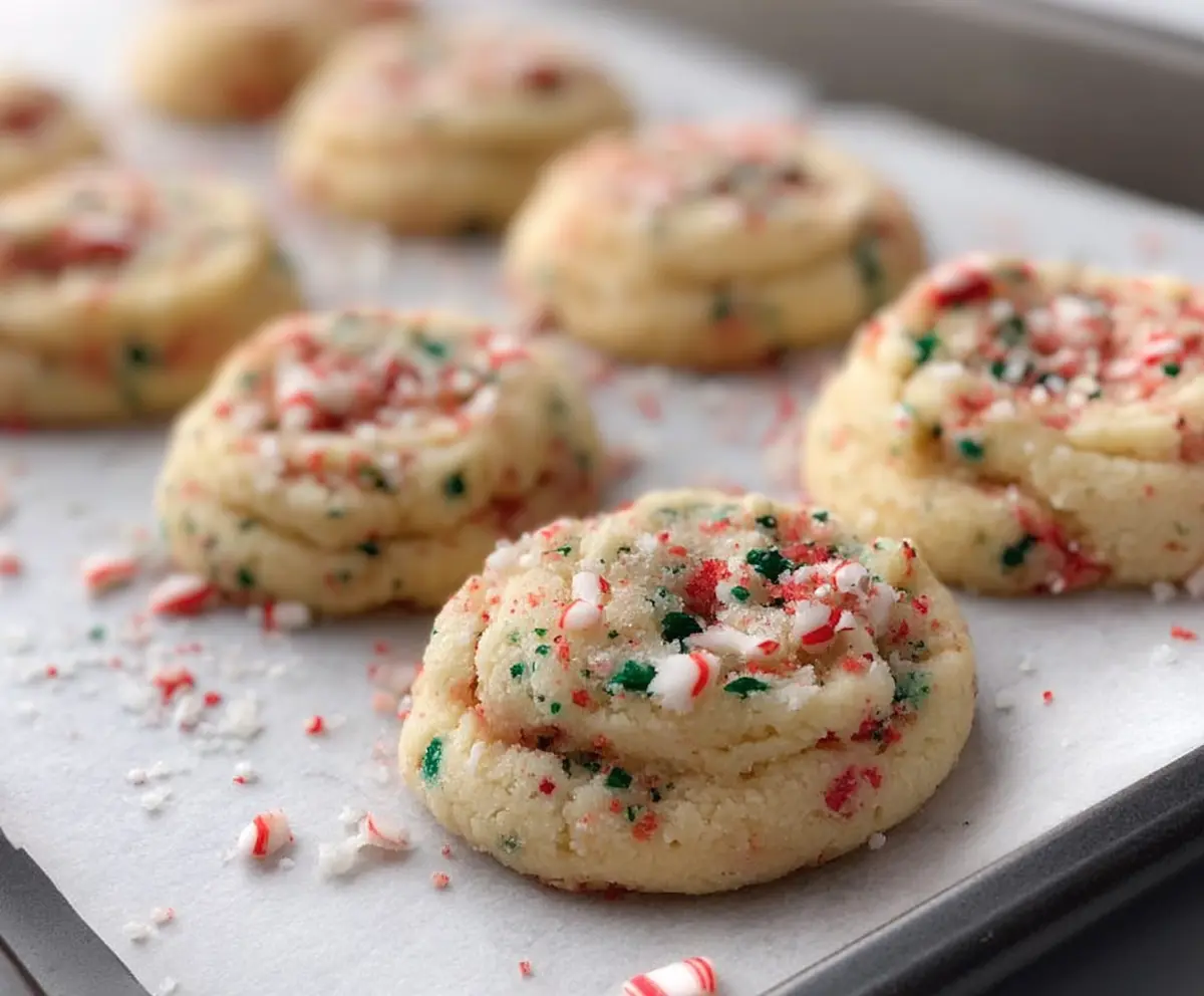 Delicious Easy Candy Cane Whipped Shortbread Cookies on a festive plate for holiday celebrations.