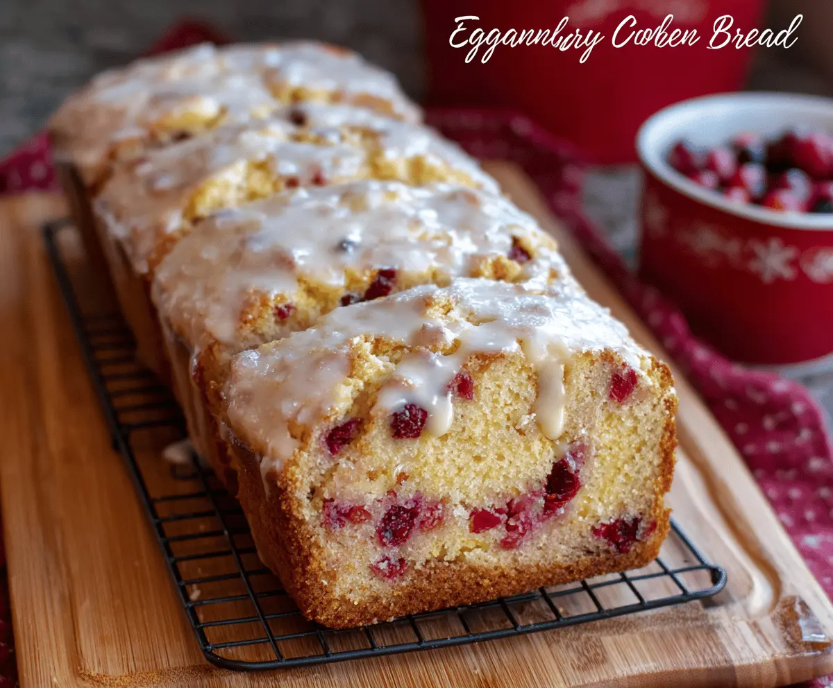 Delicious Eggnog Cranberry Bread slice garnished with fresh cranberries and a splash of eggnog.