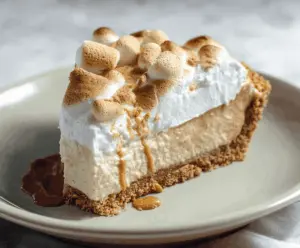 Delicious Fluffernutter Pie with marshmallow, peanut butter, and graham cracker crust.