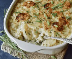 Creamy garlic scalloped potatoes arranged in a baking dish, topped with golden crispy cheese.