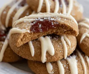 Delicious gingerbread thumbprint cookies with jam filling, perfect for holiday treats.